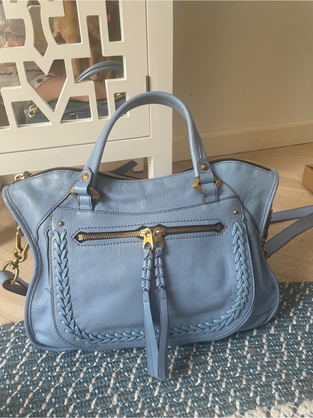 Soft Blue Braided-Trim Leather Satchel with Gold Hardware